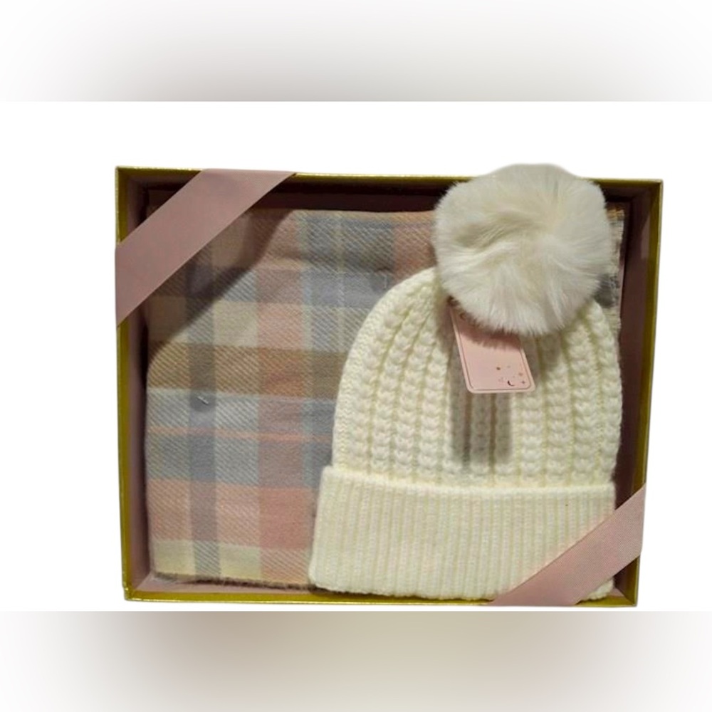 Vince Camuto Boxed Beanie and Plaid Scarf set with a faux fur pom Gift Set